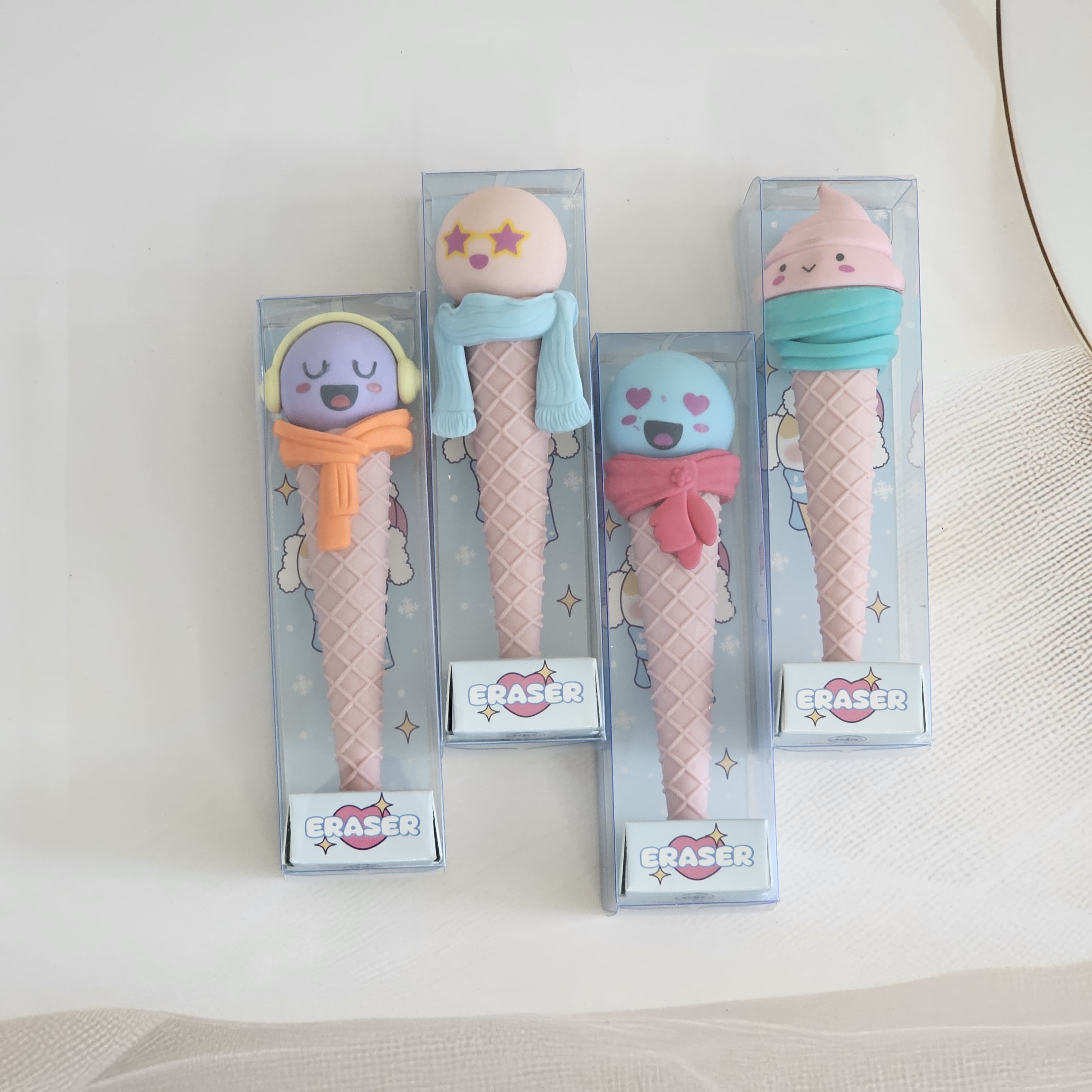 Novelty erasers shaped like ice cream cones with cartoon faces, fun and functional for kids, www.usmile.toys.